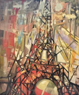 painting of the eiffel tower in paris with a beach ball in the foreground