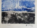 une image représentant une peinture bleue et blanche d'une ville