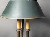 an image of a table lamp with a blue shade on it