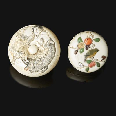 pair of chinese carved ivory snuff boxes with birds and flowers on them