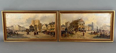 deux tableaux représentant une scène de rue avec une calèche et une calèche