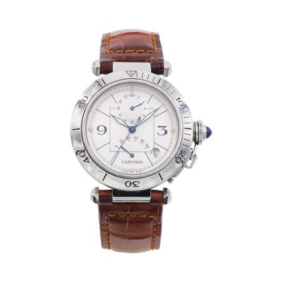 a close up of a watch on a white background with a brown strap