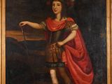 tableau représentant un jeune garçon vêtu d'une armure et tenant un bâton