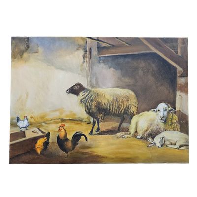 un tableau représentant un mouton et des poules dans une grange