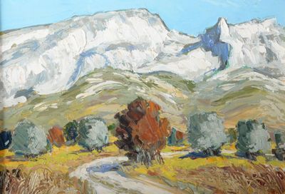 une peinture représentant une montagne traversée par une route