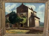 une peinture à l'huile représentant un bâtiment avec un arbre devant