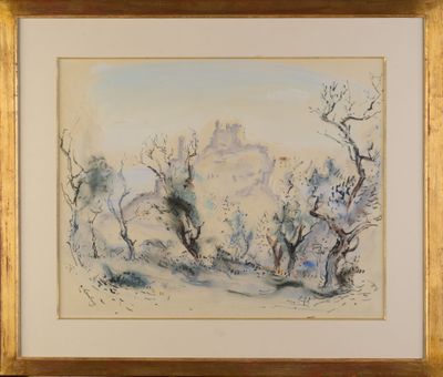 peinture représentant un paysage avec des arbres et un château au loin