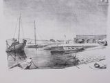 a drawing of a boat in the water near a dock