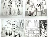 four black and white drawings of a man and woman walking down a street