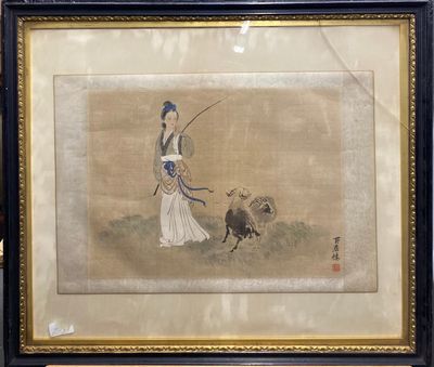 painting of a woman with a dog and a sheep in a field