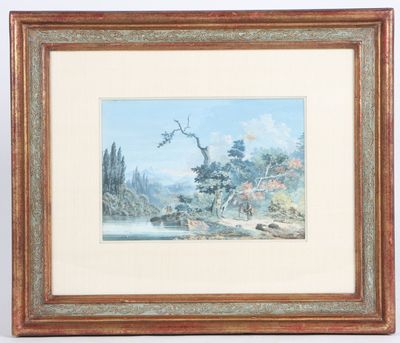 a painting of a landscape with trees and a river in the foreground