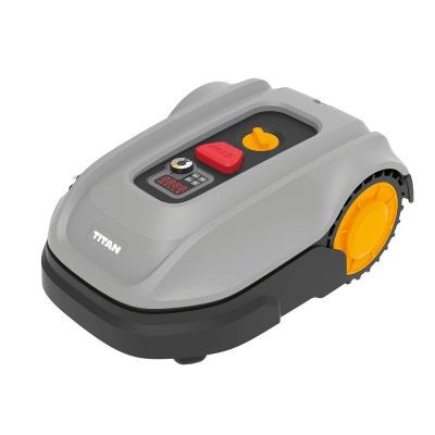 a gray and orange robotic lawn mower on a white background