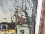 une photo d'un tableau représentant un bâtiment et un arbre