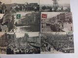 several old black and white photos of people on a street