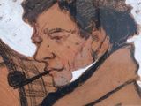 drawing of a man in a top hat smoking a pipe