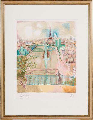 aquarelle encadrée représentant une vue de la ville depuis un balcon