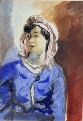 an image of a painting of a woman in a blue dress