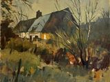 une image d'une peinture représentant une maison dans un champ