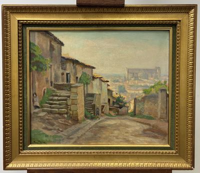 une peinture à l'huile représentant une scène de rue avec un homme marchant dans la rue