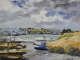 une peinture à l'huile représentant des bateaux amarrés dans un port par temps nuageux
