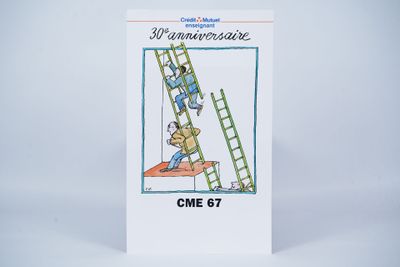 a card with a drawing of a man climbing a ladder