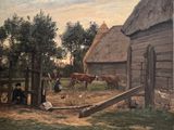 a painting of a farm scene with cows and people