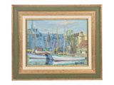 une peinture à l'huile représentant un bateau dans un port, avec des bâtiments en arrière-plan