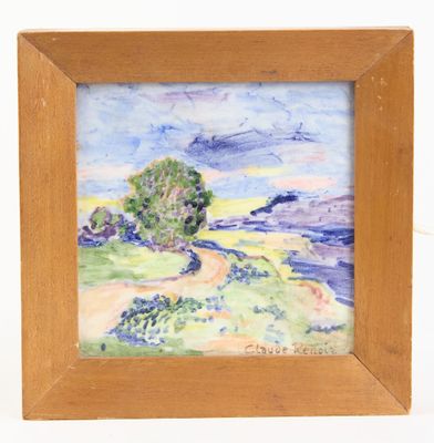 an image of a painting of a landscape with a tree in the foreground