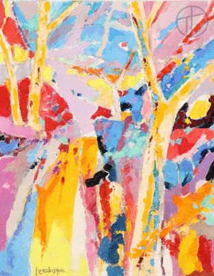 une peinture abstraite représentant un groupe d'arbres aux couleurs vives