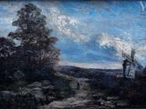 painting of a landscape with a windmill in the distance and a person walking in the foreground