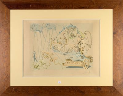 framed picture of a drawing of a man and a woman on a swing