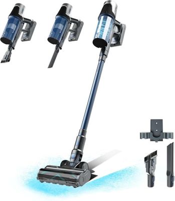 a close up of a cordless vacuum cleaner with four different attachments
