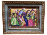 painting of a group of people in traditional clothing in a wooden frame
