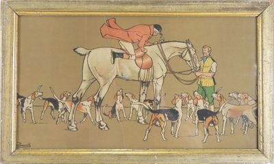 une photo d'un tableau représentant un homme à cheval accompagné de chiens de chasse