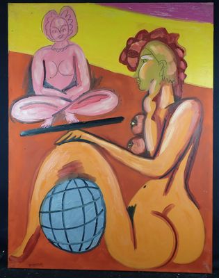 a painting of two women sitting on the ground