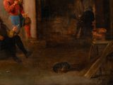painting of a couple of men sitting on a porch with a dog
