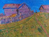 tableau représentant deux vieilles maisons en bois sur une colline, avec un ciel bleu en arrière-plan