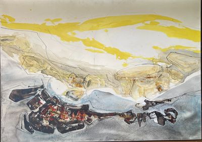 a painting of a motorcycle and a motorcycle on a table