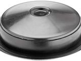 a silver plate with a domed lid on a white background