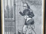 an old picture of a man with a sword standing in front of a gate