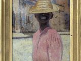 painting of a woman with a straw hat in a gold frame