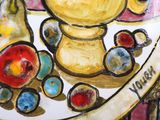 a painting of a plate with fruit on it