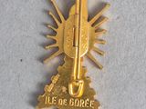 an image of a gold pin with a gun on it