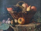 an oil painting of a basket of fruit on a ledge