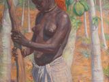 an oil painting of a man holding a wooden stick in a field