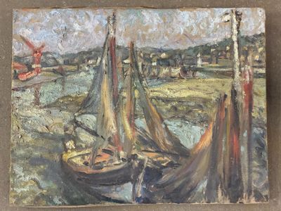 une peinture représentant une peinture de bateaux sur l'eau