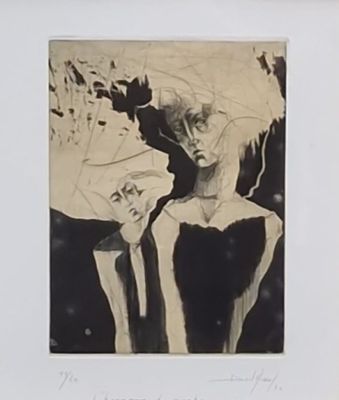 dessin représentant deux personnes portant des chapeaux, sur fond noir et blanc