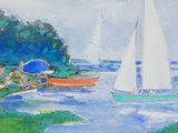 a painting of a sailboat on the water