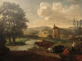 a painting of a painting of cows and people by a river