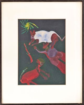framed and matted print of a painting of a man and a woman with a dog